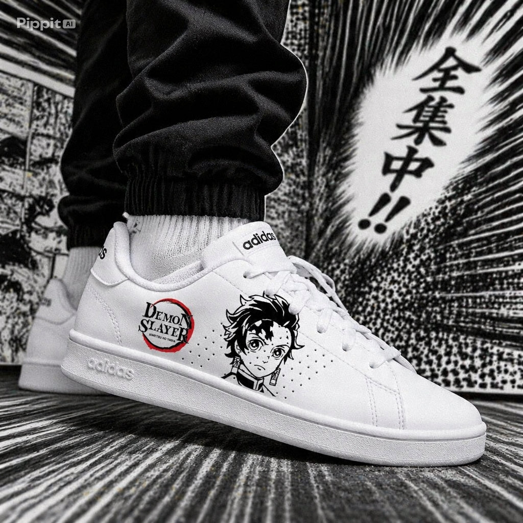 Sneakers Adidas customisées Kimetsu no Yaiba avec design de Tanjiro peintes à la main
