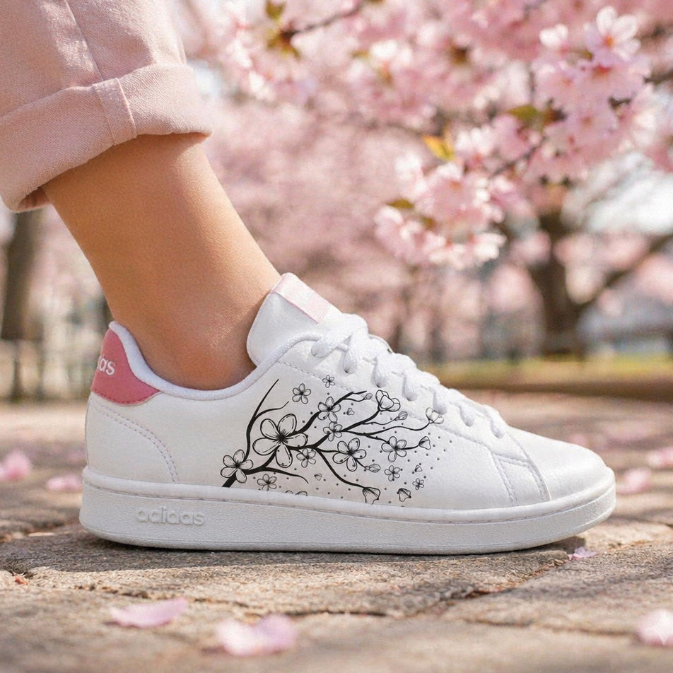 Baskets customisées femme, sneakers personnalisées femme, chaussures femme peintes à la main, adidas femme personnalisables, baskets artisanales femme, custom sneakers pour femme, chaussures mode femme uniques.