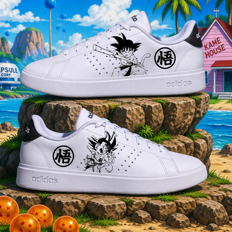 Sneakers Adidas customisées Dragon Ball avec kanji peintes à la main
