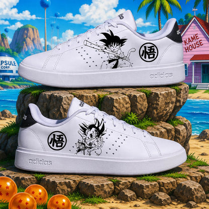 Sneakers Adidas customisées Dragon Ball avec kanji peintes à la main