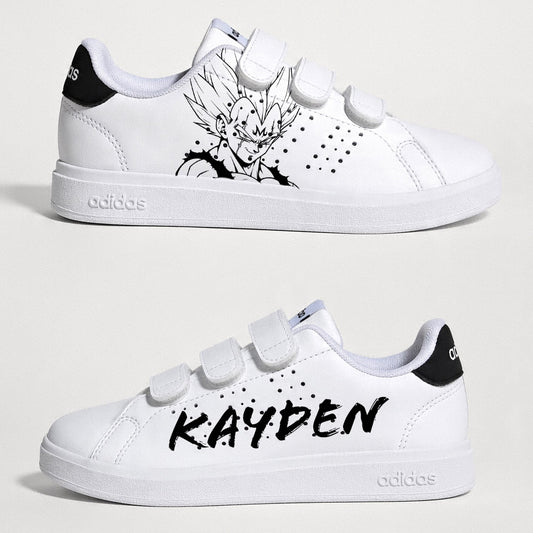 Baskets Adidas blanches à scratch pour enfant personnalisées avec un dessin de Majin Vegeta de Dragon Ball Z