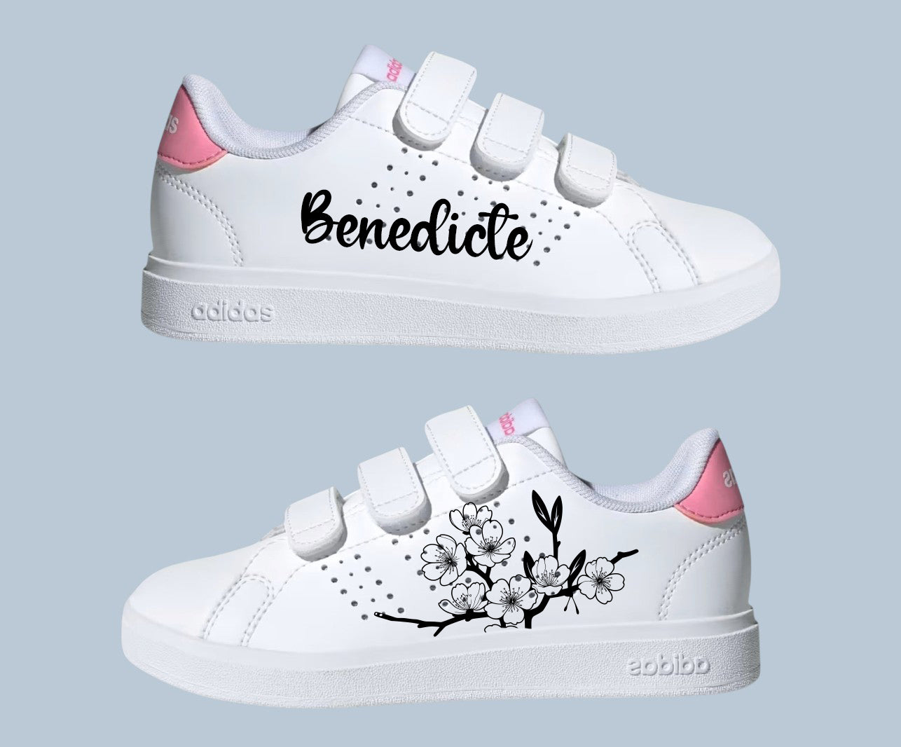 Baskets Adidas personnalisées pour enfant avec prénom personnalisé et motif fleurs de cerisier