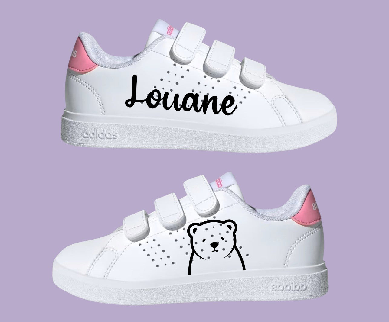 Baskets Adidas personnalisées pour fille avec prénom personnalisé et ours dessinés à la main