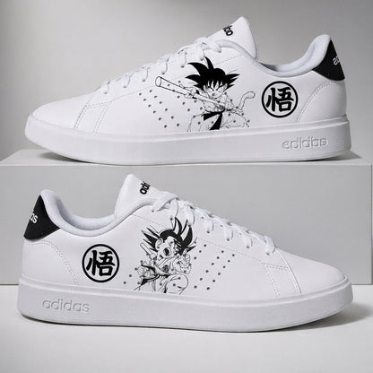 Paire de baskets Adidas customisées noir et blanc design Dragon Ball Z Goku sneakers manga homme