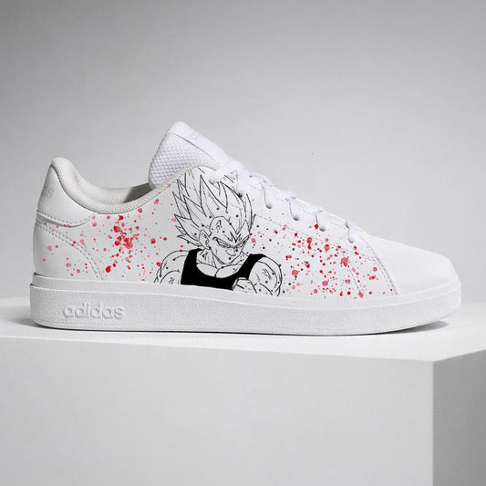 Baskets Adidas blanches personnalisées avec illustration de Vegeta Dragon Ball Z