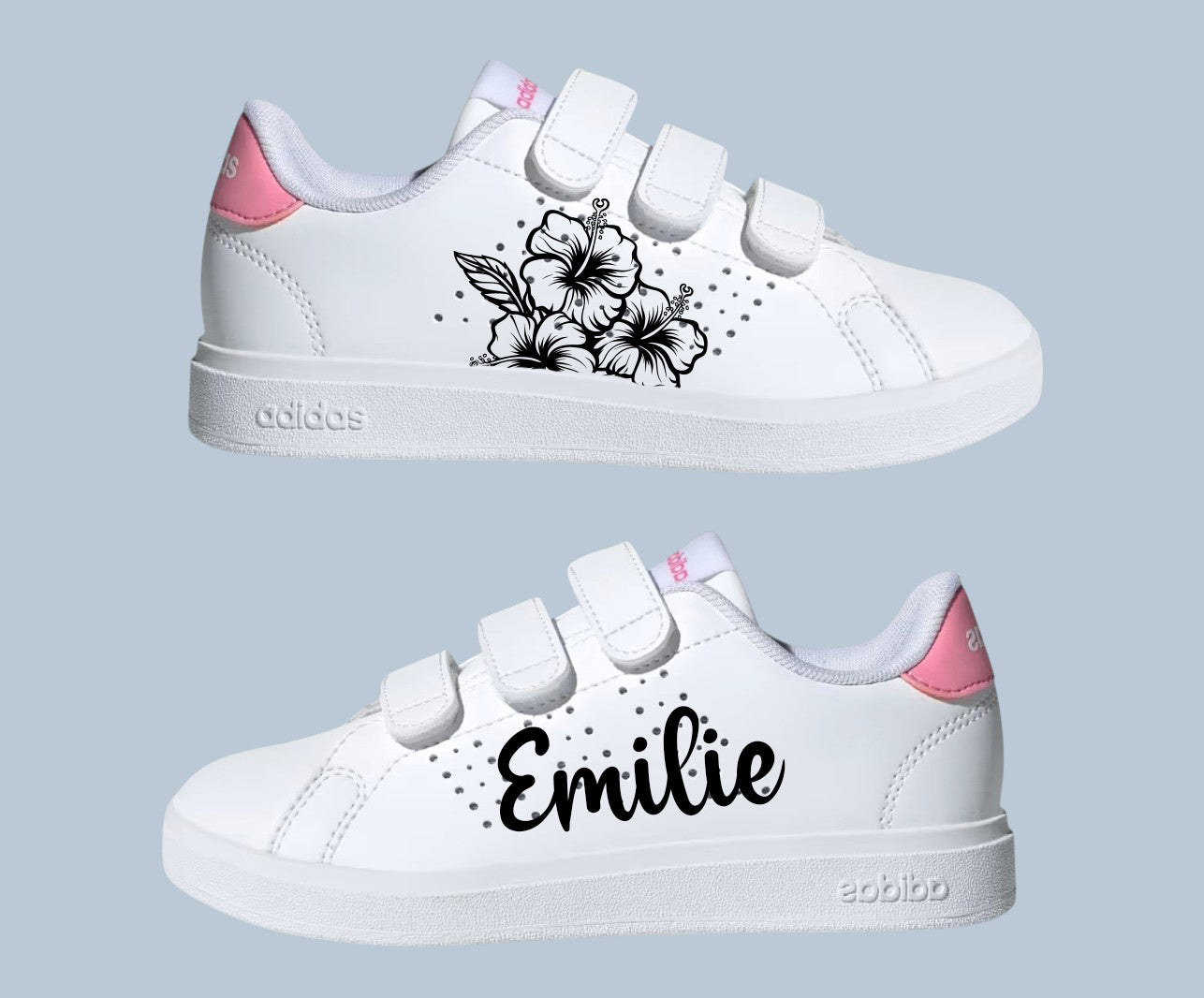 Baskets Adidas enfant à scratchs personnalisées avec motif fleurs d'hibiscus