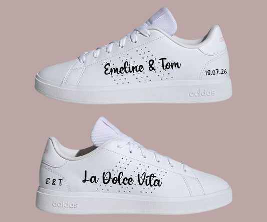 Chaussures de mariage femme Adidas customisées avec inscription La Dolce Vita