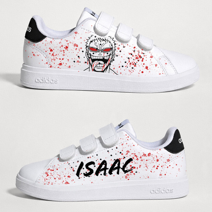 Paire de baskets personnalisées enfant manga sur le thème de One Piece Flamingo et des méchants iconiques.