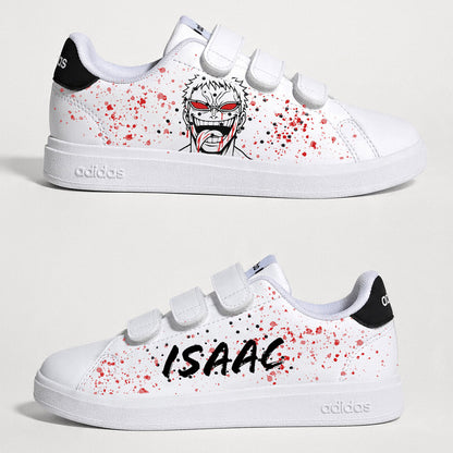 Paire de baskets personnalisées enfant manga sur le thème de One Piece Flamingo et des méchants iconiques.