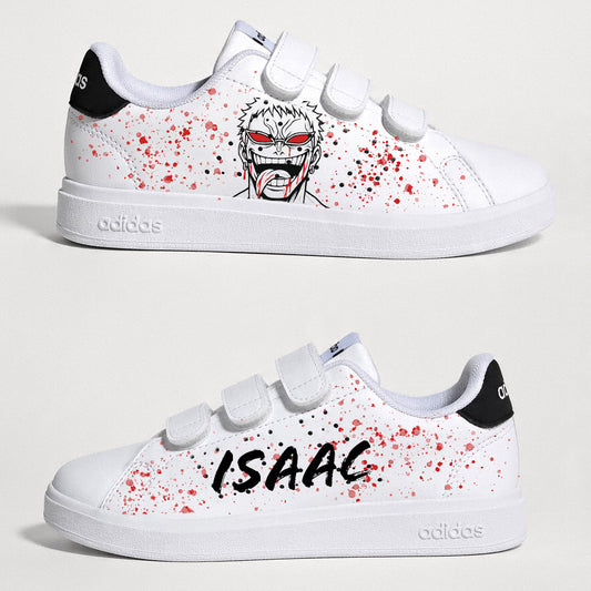Paire de baskets personnalisées enfant manga sur le thème de One Piece Flamingo et des méchants iconiques.