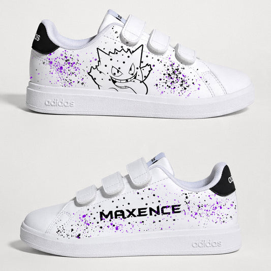 Chaussures Adidas customisées enfant avec le prénom personnalisable et un design inspiré de Pokémon.